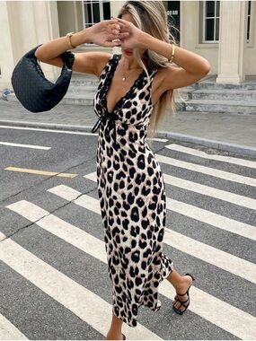 SHEIN Beige and Black Leopard Tie-Front Maxi Dress
